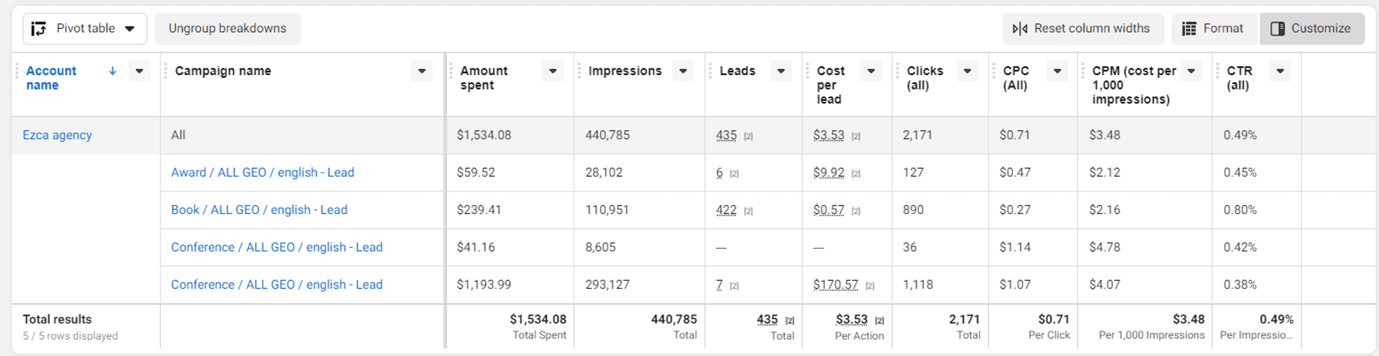 Data2Speak campaign summary statistics — registrations and CPL by track