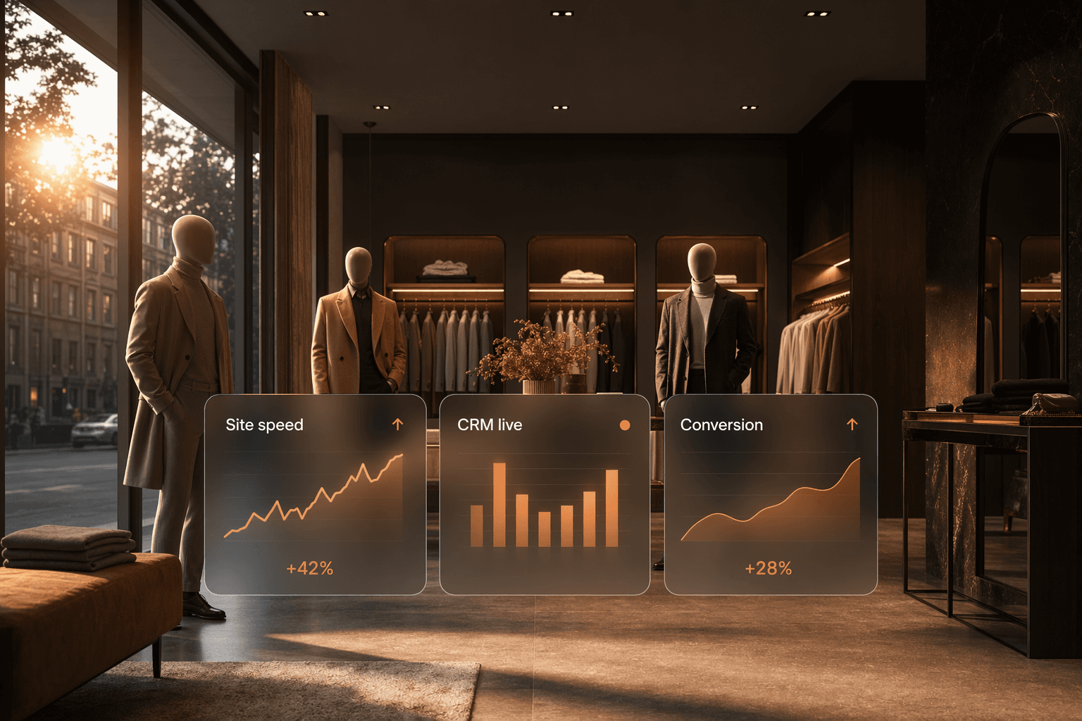 Silk-way hero — boutique showroom with floating site speed and conversion cards