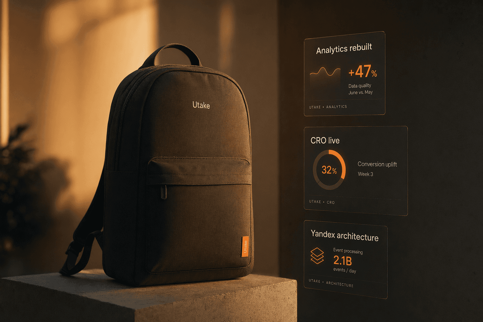 Utake hero — minimalist product photography with analytics/CRO metric cards